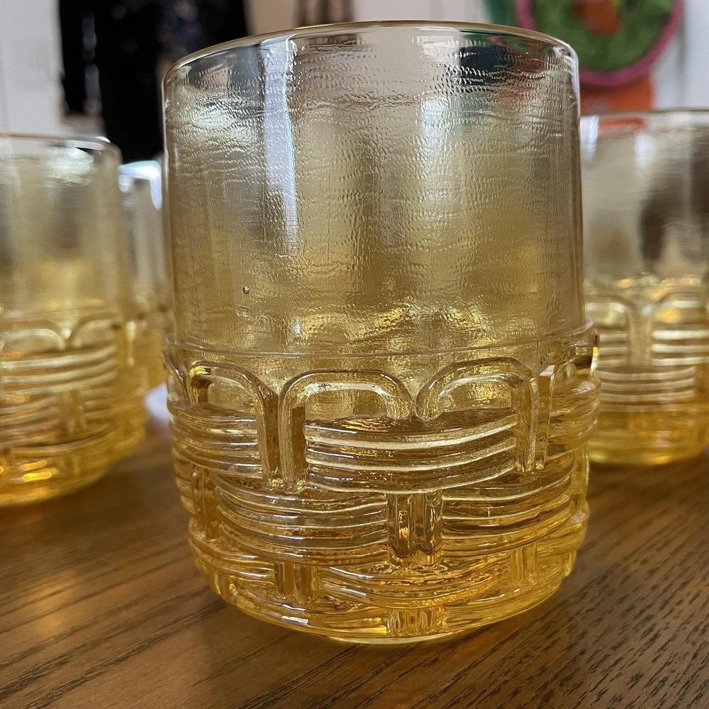 Vintage LE Smith Glass Amber Yellow Wicker Basket Set of 8 Old Fashioned Glasses